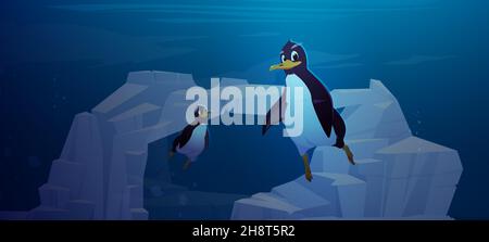 Penguins swim underwater in antarctic ocean. Vector cartoon illustration of marine swimming birds in sea in Antarctica with icebergs and glaciers under water Stock Vector