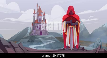 Knight standing with sword on background of medieval castle. Vector cartoon fairytale illustration of warrior or paladin in red cloak and stone mountain valley with royal palace on rock Stock Vector