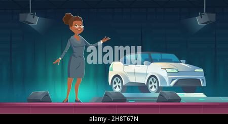 Car seller presenting modern automobile on show room stage, auto presentation in salon or exhibition with saleswoman and vehicle on scene with spotlights and curtains, Cartoon vector illustration Stock Vector