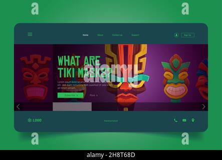 What are tiki masks cartoon landing page, tribal wooden totems, hawaiian, african or polynesian cultural attributes, scary faces with toothy mouth, decorated ancient wood disguise Vector web banner Stock Vector