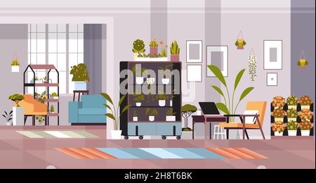 greenhouse plants potted flowers on shelves home garden concept living room interior horizontal Stock Vector
