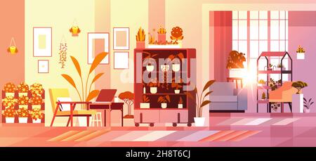 greenhouse plants potted flowers on shelves home garden concept living room interior horizontal Stock Vector