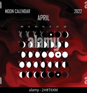 April 2022 Moon calendar. Astrological calendar design. planner. Place for stickers. Month cycle planner mockup. Isolated color liquid background Stock Vector