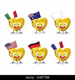 Yellow love candy cartoon character bring the flags of various countries. Vector illustration Stock Vector