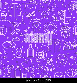 Mental illness seamless pattern in line style. Repeating backgound with mental disorder symbols. Vector illustration. Stock Vector