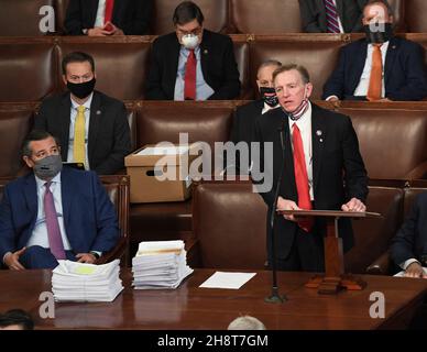 Washington, United States. 02nd Dec, 2021. Rep. Paul Gosar, R-AZ, (R) and Sen. Ted Cruz, R-TX, (C) object to the certification of Arizona's Electoral College votes during a joint session of Congress at the U.S. Capitol in Washington, DC, on Wednesday, January 6, 2021. Congress split into two sessions to debate the issue. Photo by Pat Benic/UPI Credit: UPI/Alamy Live News