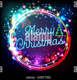 Neon Bright Colorful Merry Christmas With Cap Stock Vector