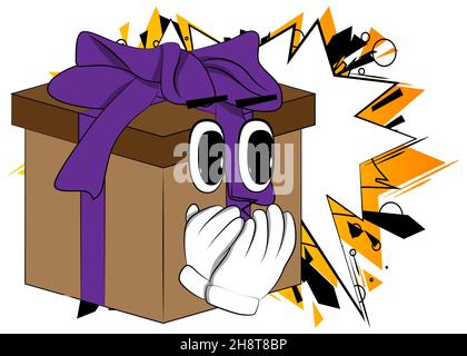 Gift Box with with hands over mouth as a cartoon character. Holiday, Celebration surprise with happy face emotion. Stock Vector