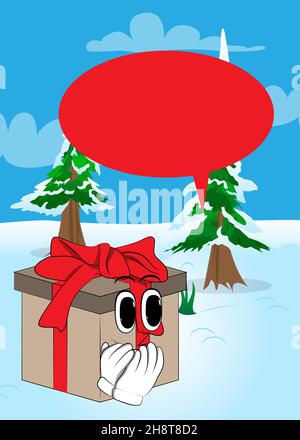 Gift Box with with hands over mouth as a cartoon character. Holiday, Celebration surprise with happy face emotion. Stock Vector