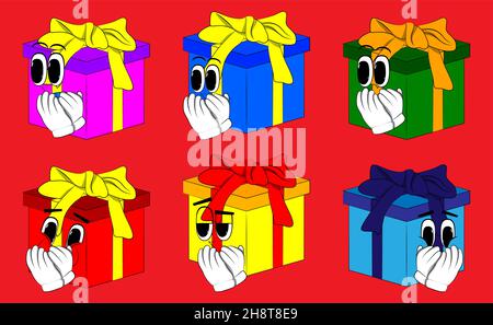 Gift Box with with hands over mouth as a cartoon character. Holiday, Celebration surprise with happy face emotion. Stock Vector