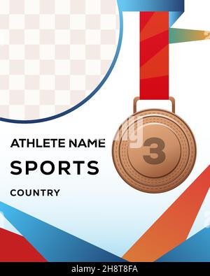 template Olympics banner for the third champion with the bronze medal. vector design. with transparent background for athlete photo Stock Vector