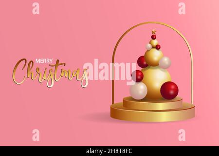 merry christmas background with golden podium and abstract tree christmas shape with color gold, red, and white. vector design Stock Vector