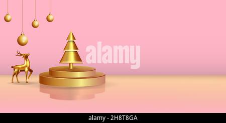 beautiful luxury christmas background with golden deer, golden podium, golden tree, and golden lamp Stock Vector