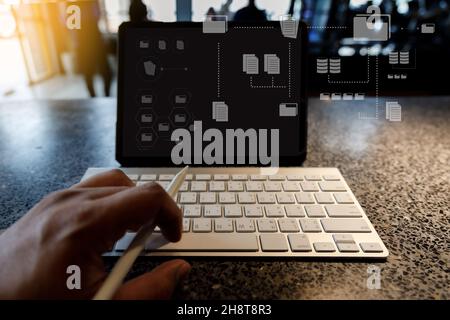 Businessman manage files documentation working modern computer Document Management System  transfer file Stock Photo