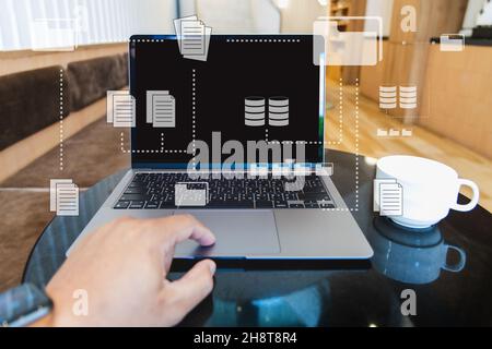 Businessman manage files documentation working modern computer Document Management System  transfer file Stock Photo