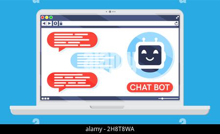 Laptop with Chat Bot Speak in Bubble on Screen. Stock Vector
