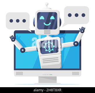 Computer with Chat Bot Speak in Bubble on Screen. Stock Vector