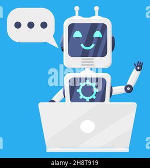 Robot Using Laptop Isolated on Blue Stock Vector