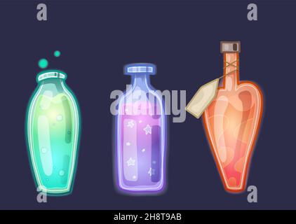 Set of various glowing magical potions, poisons and antidotes. Alchemy and Potion Making. Witch tinctures. Vector hand drawn flat bottles, flasks and Stock Vector