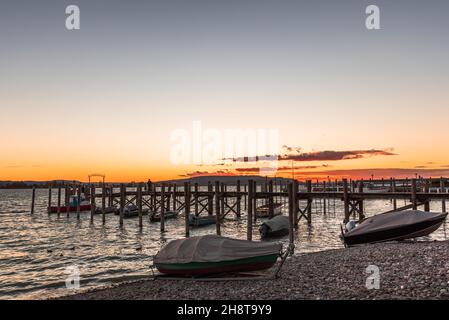 Jetty in Allensbach on Lake Constance in evening light Stock Photo