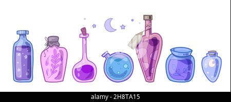 Set of mystic magical poisons and antidotes. Spirituality alchemy and Potion Making. Vector hand drawn cartoon bottles, flasks and jars for mobile gam Stock Vector