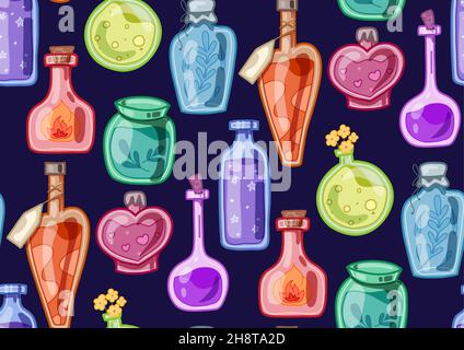 Vector seamless pattern with multicolored bottles with potions and tinctures. Alchemical poisons. Witch antidotes. Texture with hand drawn cartoon bot Stock Vector