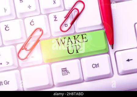 Inspiration showing sign Wake Up. Business concept an instance of a person waking up or being woken up Rise up Typing Difficult Program Codes, Writing Stock Photo