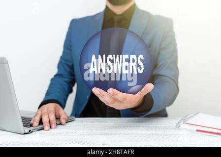 Handwriting text Answers. Word Written on Reactions responses to questions statements or situations Choices Lawyer Explaining Trial Proceedings, Real Stock Photo