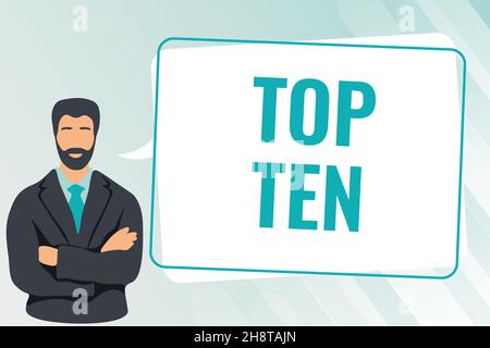 Writing displaying text Top Ten. Word Written on the ten most popular songs or recordings in the popular music charts Man Crossing Hands Illustration Stock Photo