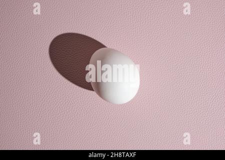 One white egg on a pink background in bright light with hard shadows Stock Photo