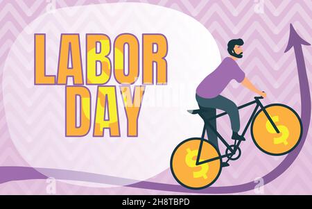 Conceptual display Labor Day. Business showcase an annual holiday to celebrate the achievements of workers Man Drawing Riding Bicycle With Dollar Sign Stock Photo