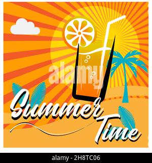 Summer time - vector illustration in Retro graphic style for t-shirt and other print production. Drink, Palms, wave and sun creative summer vacation c Stock Vector
