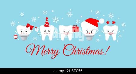 Cute Christmas teeth with xmas accessories on dentist greeting card. Stock Vector