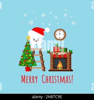 Christmas tooth in Santa Claus hat with fireplace. Stock Vector