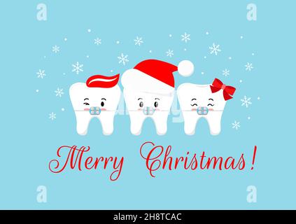 Cute Christmas teeth in braces with xmas accessories on dentist greeting card. Stock Vector