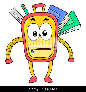 cute faced student bag containing school supplies, vector illustration art. doodle icon image kawaii. Stock Vector