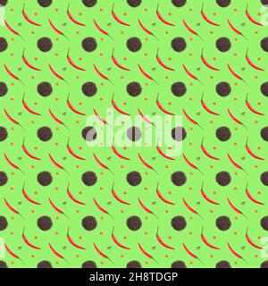 Seamless spice pattern with red chili pepper pods, slices of cut pepper, heaps of black pepper on green background. Aspect ratio 1:1. Healthy eating c Stock Photo