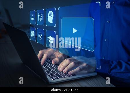 E-learning online education training webinar on internet for personal development and professional qualifications. Digital courses to develop new skil Stock Photo