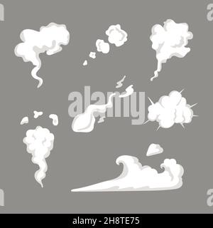 smoke set special effects template. Cartoon steam clouds, puff, mist, fog, watery vapour or dust explosion. Stock Vector