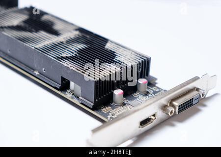 Dirty dusty graphics card in dust on a white background Stock Photo