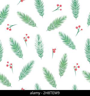 fir-tree branches with red berries on white background. seamless winter pattern with spruce. Christmas forest vector ornament. holiday simple texture Stock Vector
