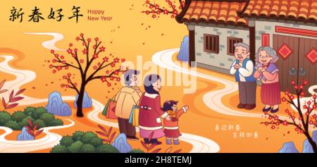 CNY family visiting banner. Illustration of a family visiting parents' house on Spring Festival. Translation: Wishing you a happy, auspicious Chinese Stock Vector