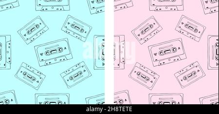 Hand drawn cassette and mixtape seamless pattern, blue and pink cartoon doodle background set for music technology or audio equipment concept. Stock Vector