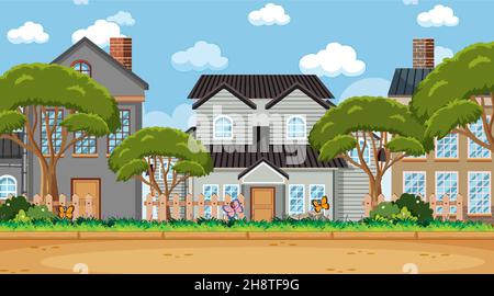 Outdoor scene with front of many houses along the road illustration ...