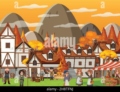 Medieval town at sunset time scene with villagers illustration Stock ...