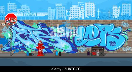 Colorful Blue Outdoor Urban Streetart Graffiti Wall With Drawings Against The Background Of The Cityscape Vector Illustration Stock Vector