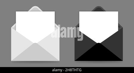 Black and white open envelopes with paper sheet. Realistic mockup. Stock Vector
