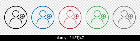 Add user icon set. Line art style. Vector plus person symbols isolated on transparent background Stock Vector