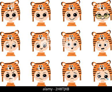 Set of children avatar with big eyes and wide smile and different emotions in tiger hat. Cute kid with joyful or sad face in festive costume for new year and Christmas Stock Vector
