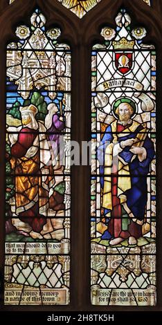 A stained glass window by Robert Newbery depicting The Good Samaritan and Prophet Nathaniel, St Mary's Church, Usk, Monmouthshire Stock Photo